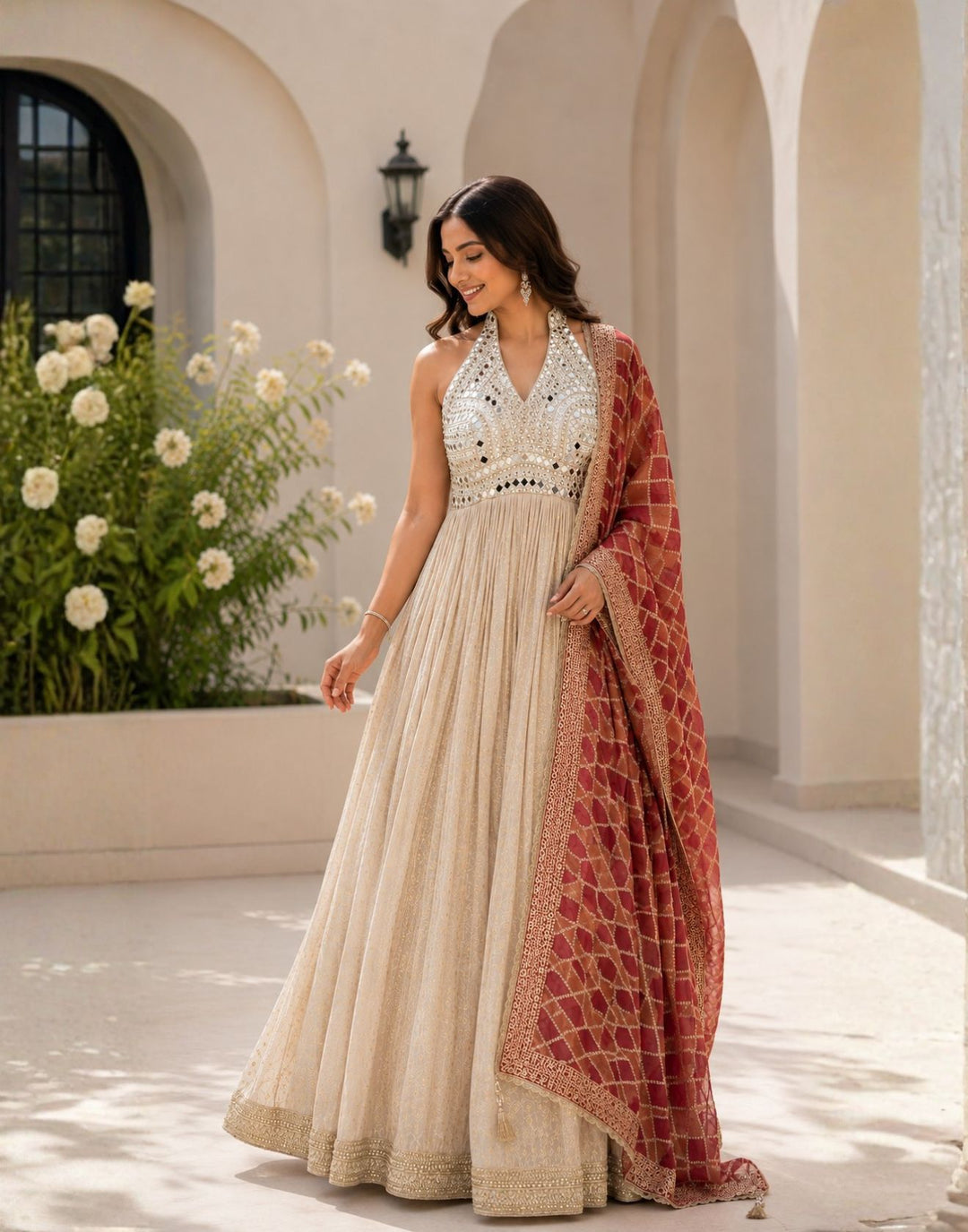 halter neck anarkali dress Ivory Embellished Halter-Neck Gown with Dupatta – Roopkala Global wardrobe
