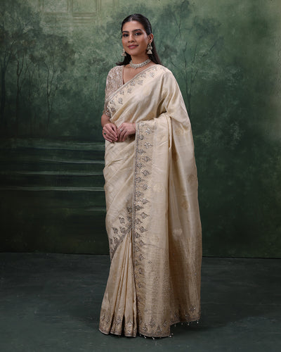 Ivory Mist Pure Silk Embroidered Saree With Stitched Blouse