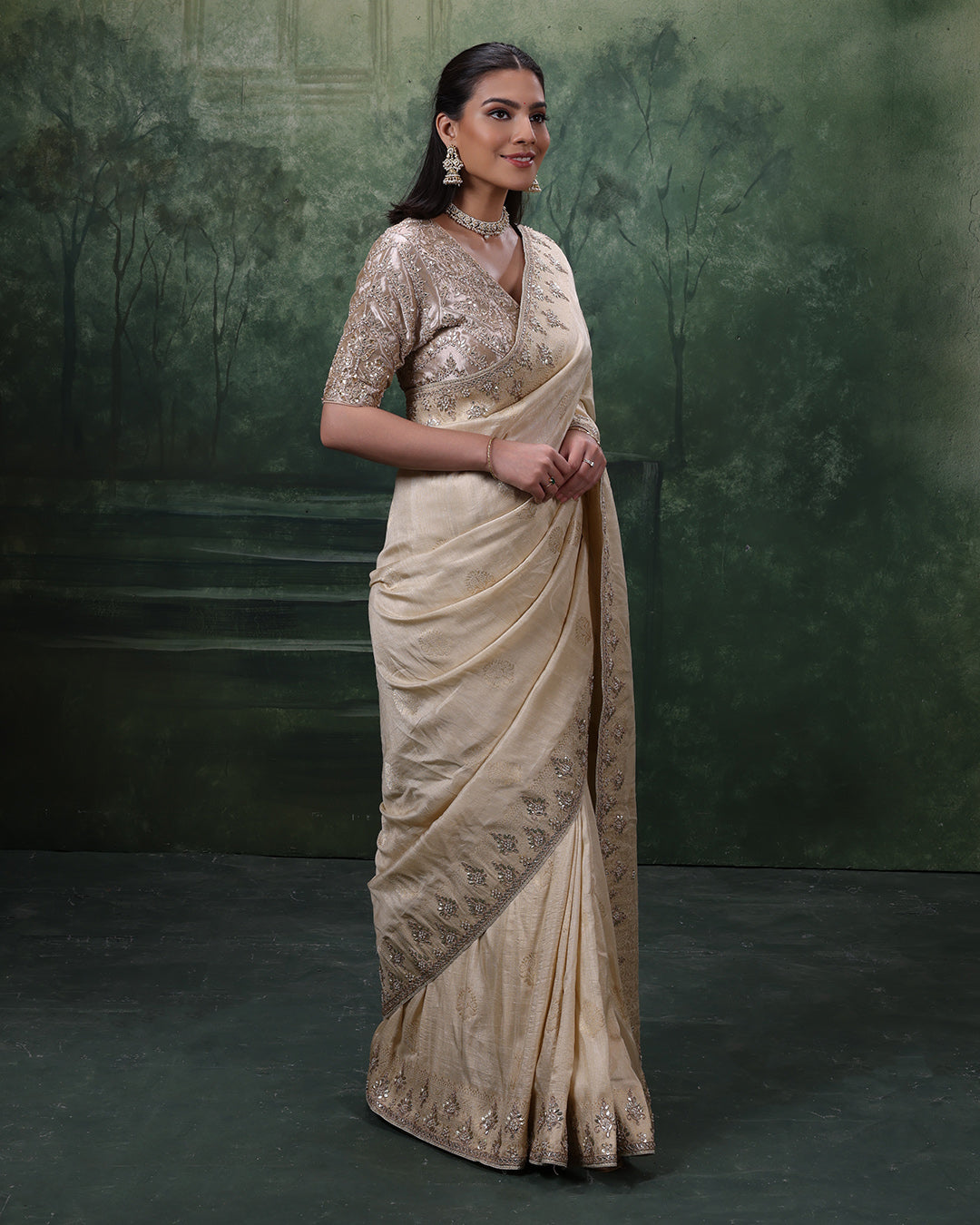 Ivory Mist Pure Silk Embroidered Saree With Stitched Blouse