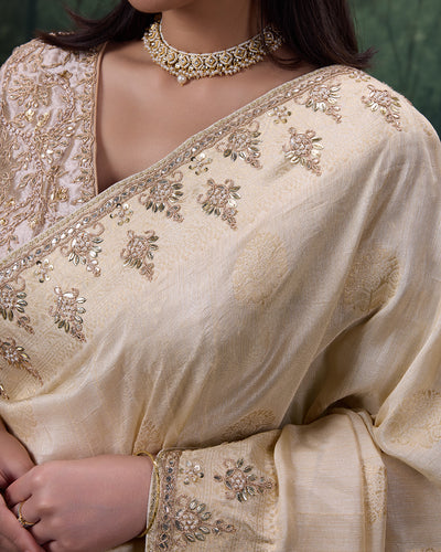 Ivory Mist Pure Silk Embroidered Saree With Stitched Blouse