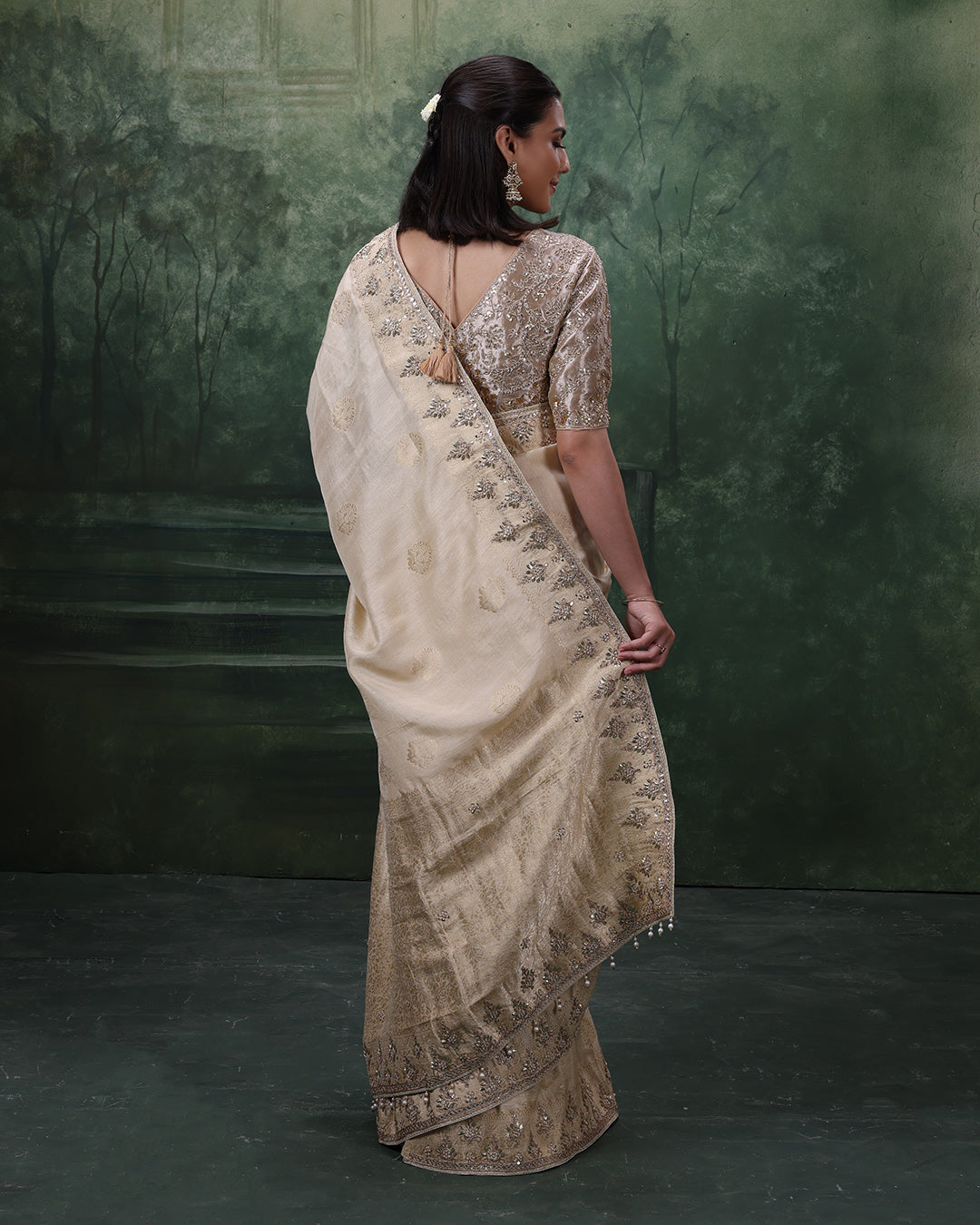 Ivory Mist Pure Silk Embroidered Saree With Stitched Blouse