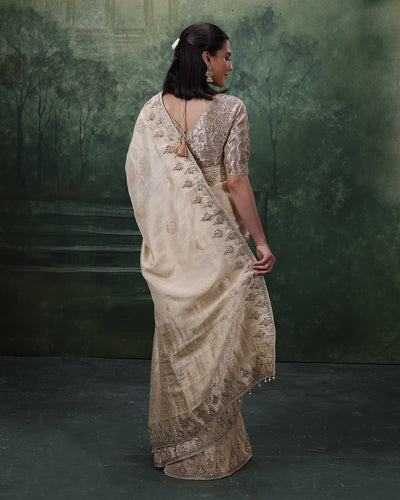 Ivory Mist Pure Silk Embroidered Saree With Stitched Blouse