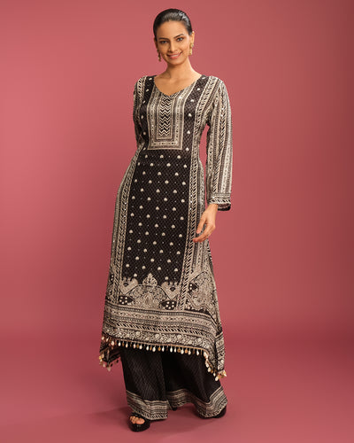 Jet Black And Off-White Printed Pure Crepe Kurta Set