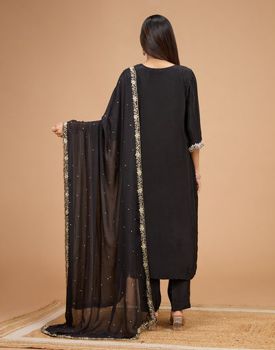 Jet Black Crepe Silk Embroidered Unstitched Suit Set