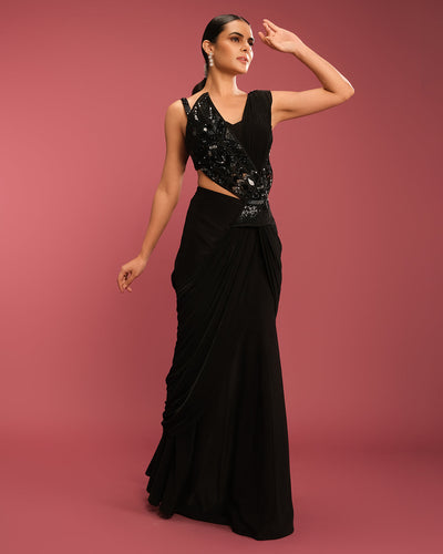 Jet Black Sculpted Embellished Pre-Stitched Saree