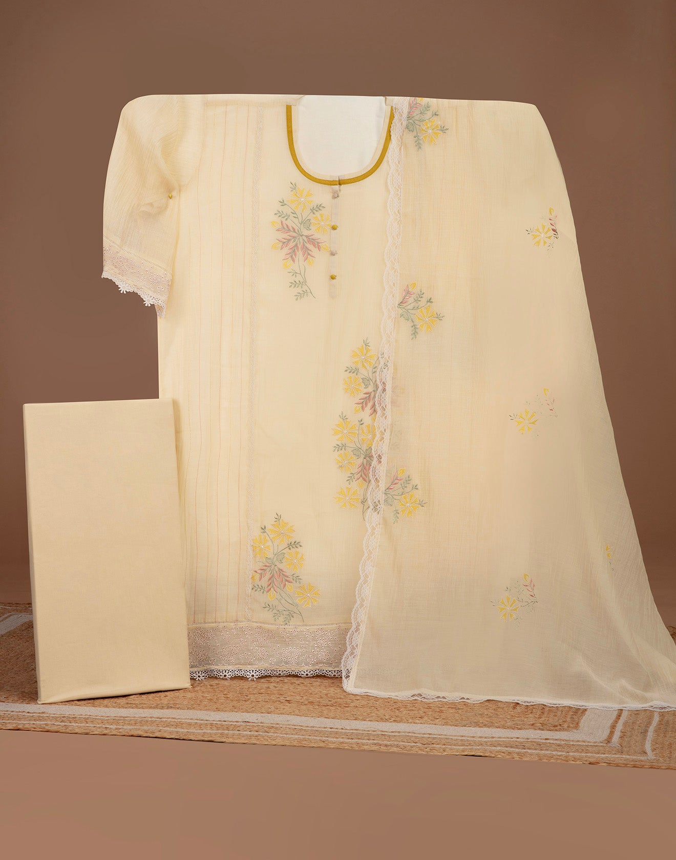 Lemon Yellow Embroidered Cotton Semi-Stitched Suit Set