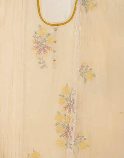 Lemon Yellow Embroidered Cotton Semi-Stitched Suit Set
