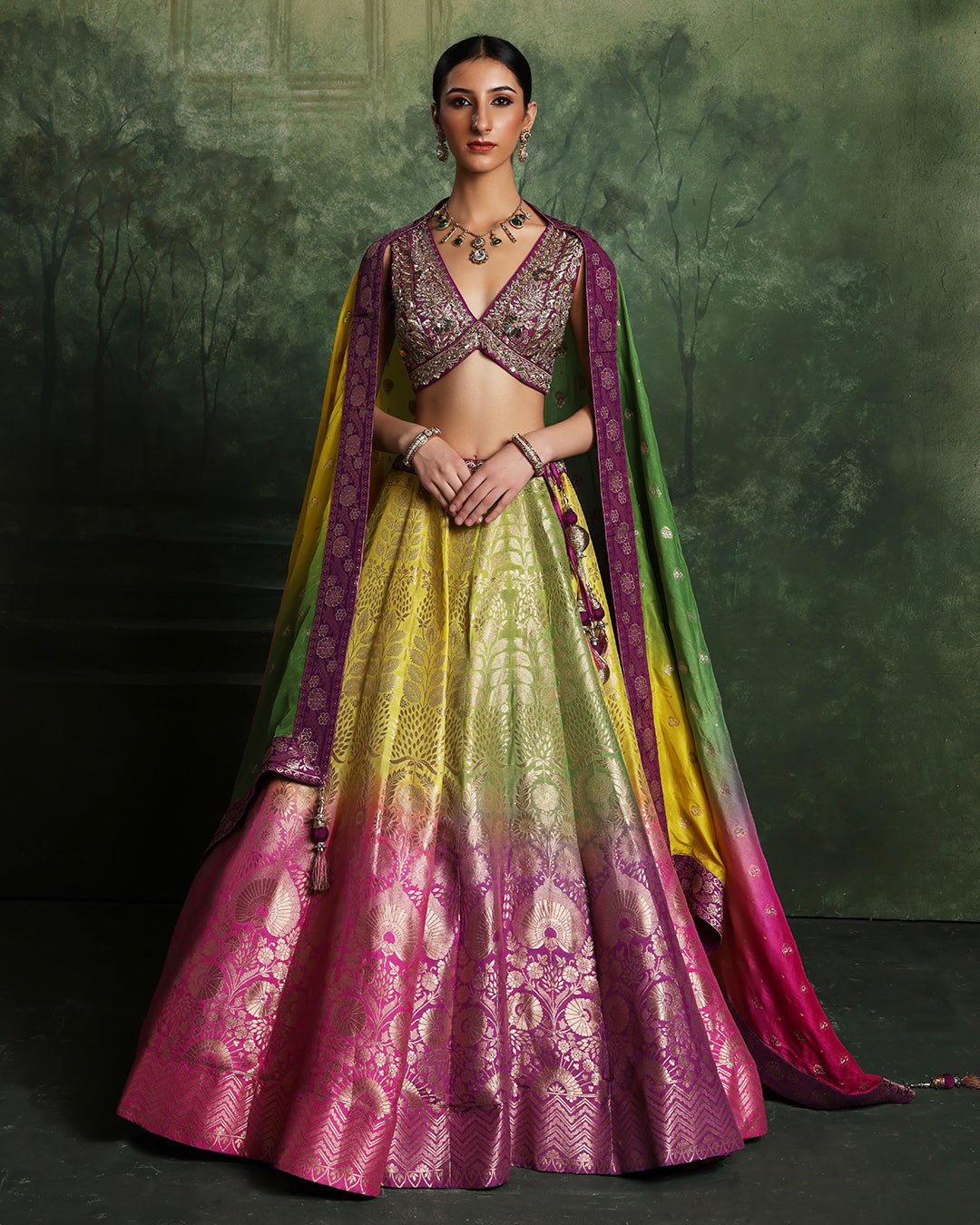 Lime Zest And Lilac Ombre Banarasi Brocade Lehenga Set