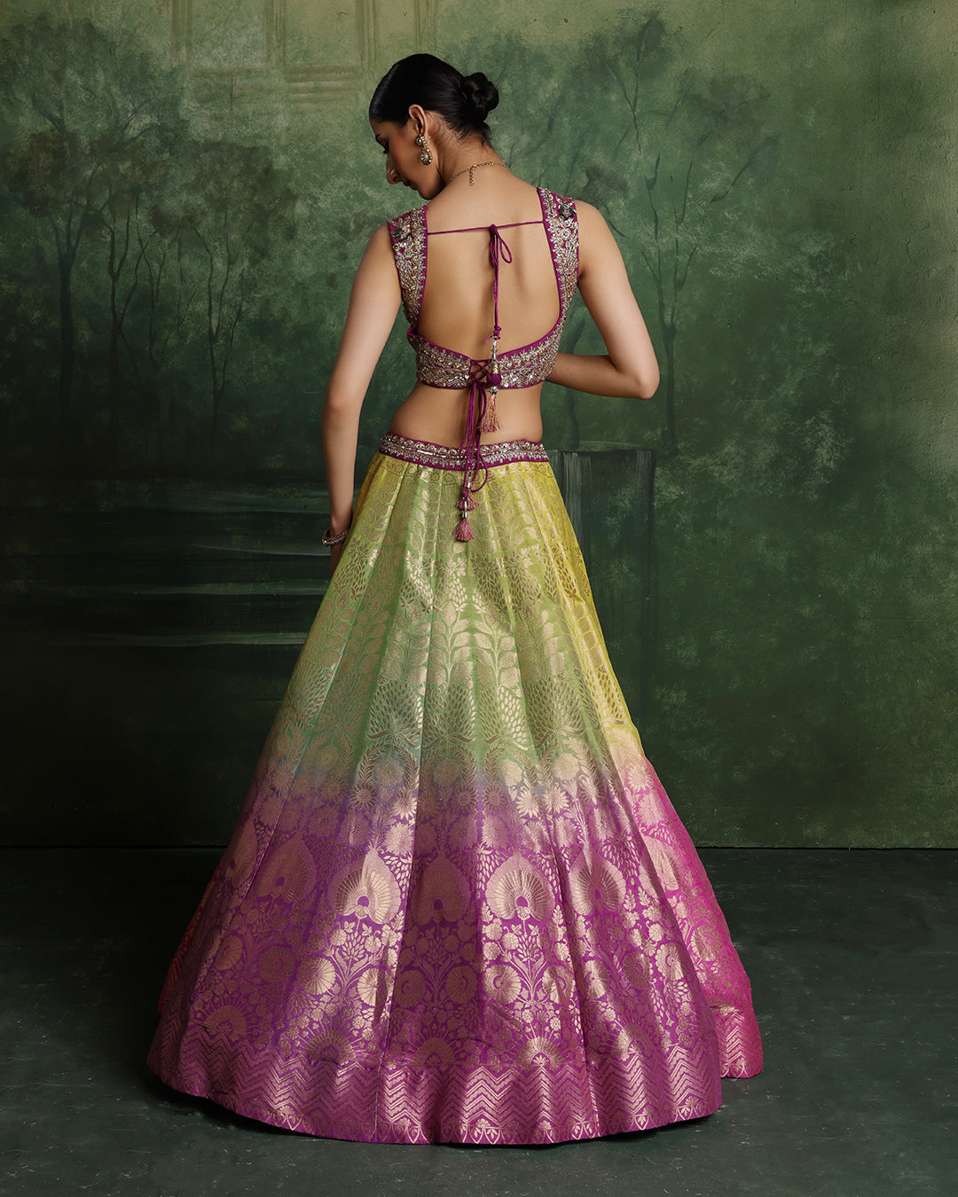 Lime Zest And Lilac Ombre Banarasi Brocade Lehenga Set