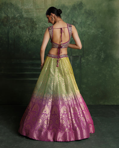 Lime Zest And Lilac Ombre Banarasi Brocade Lehenga Set