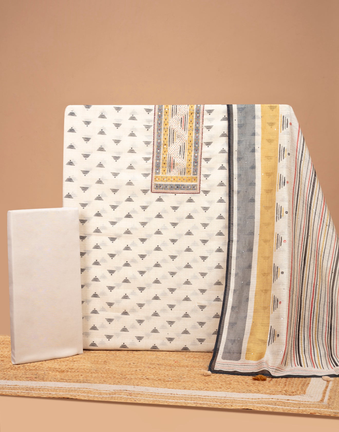 Matte Gold With Printed Design Blended Silk Unstitched Suit Set