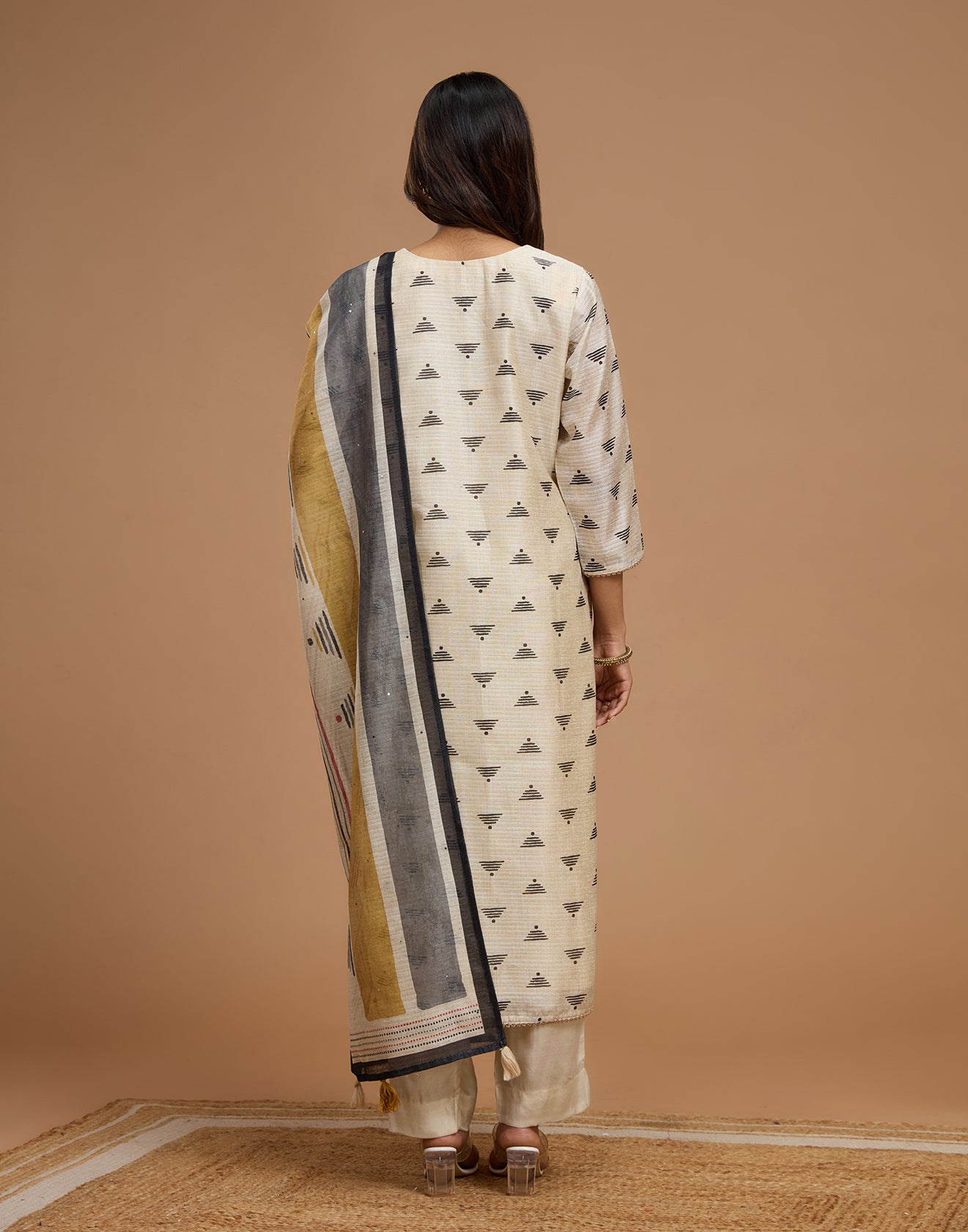 Matte Gold With Printed Design Blended Silk Unstitched Suit Set