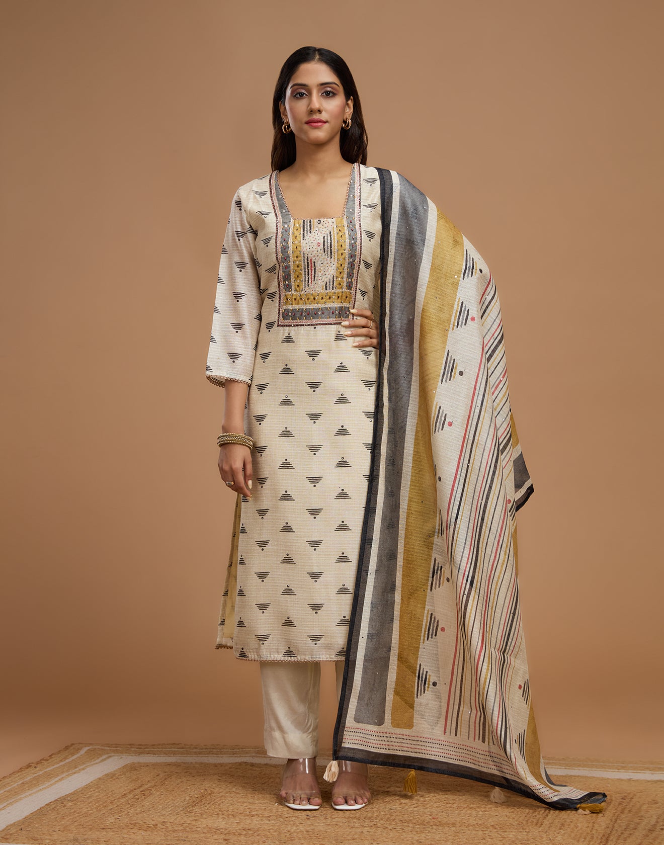 Matte Gold With Printed Design Blended Silk Unstitched Suit Set
