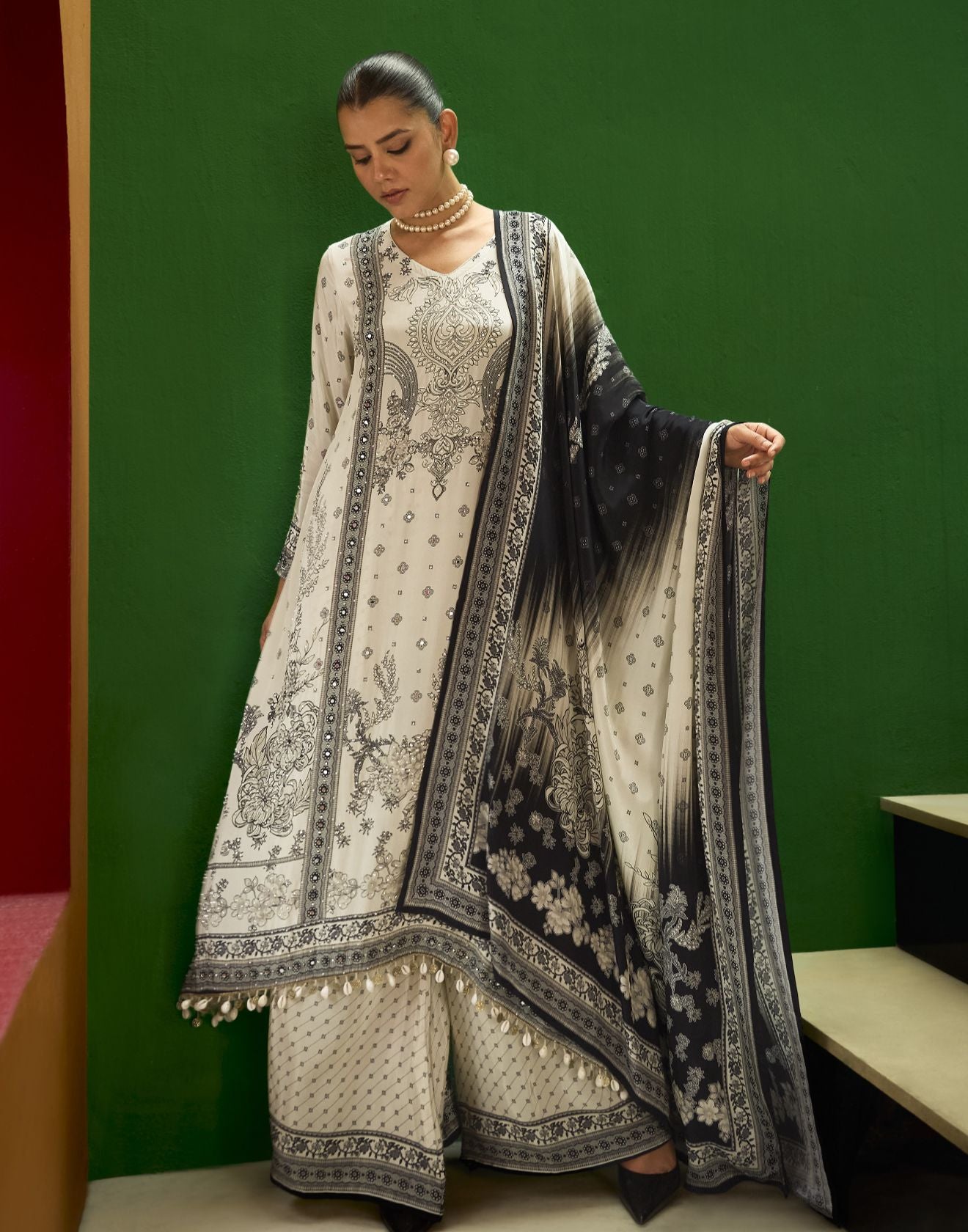 Moon Beam Ethnic Printed Festive Pure Crepe Kurta Palazzo Set