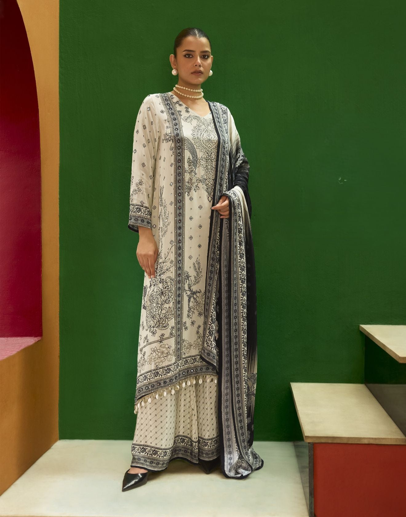 Moon Beam Ethnic Printed Festive Pure Crepe Kurta Palazzo Set