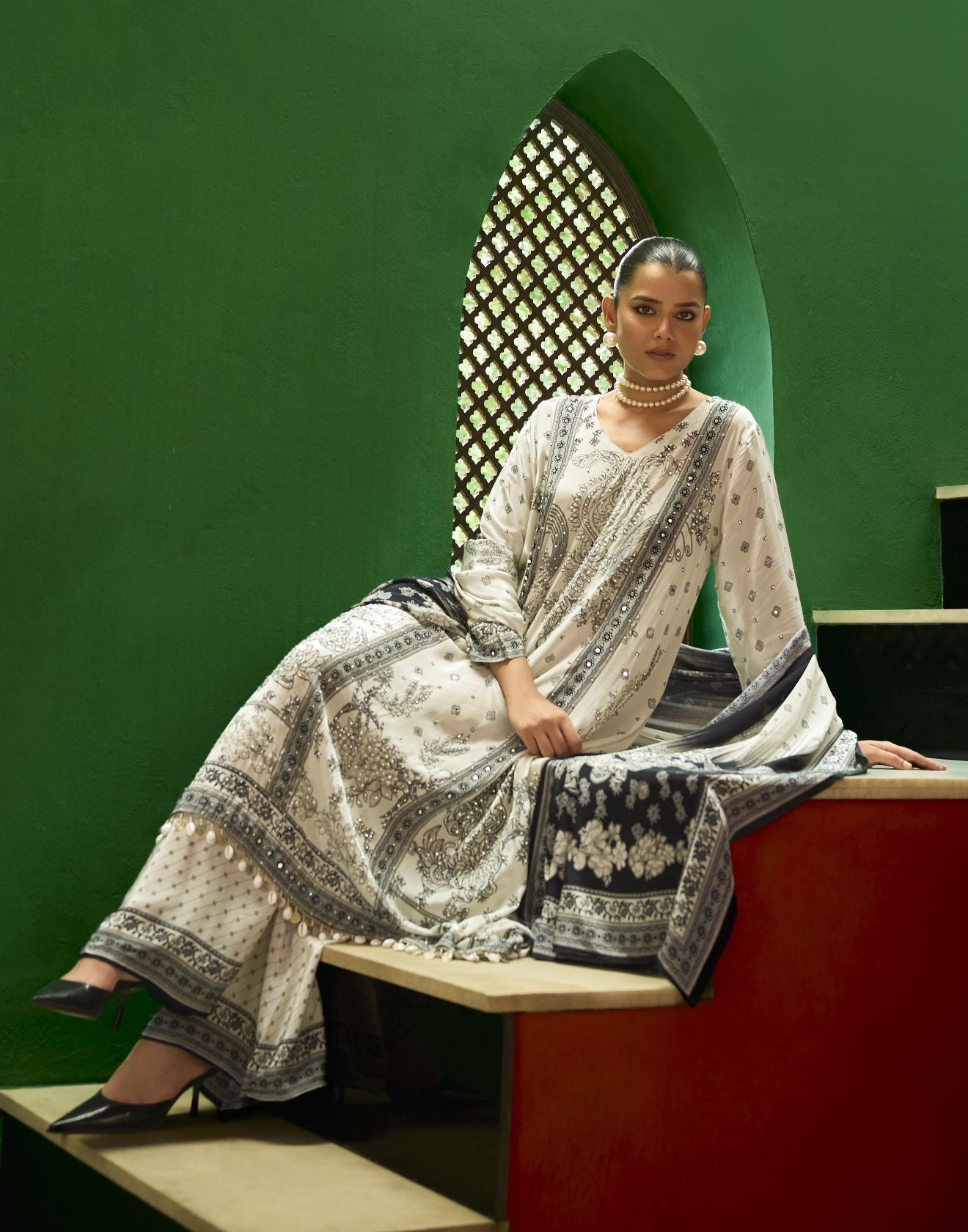 Moon Beam Ethnic Printed Festive Pure Crepe Kurta Palazzo Set