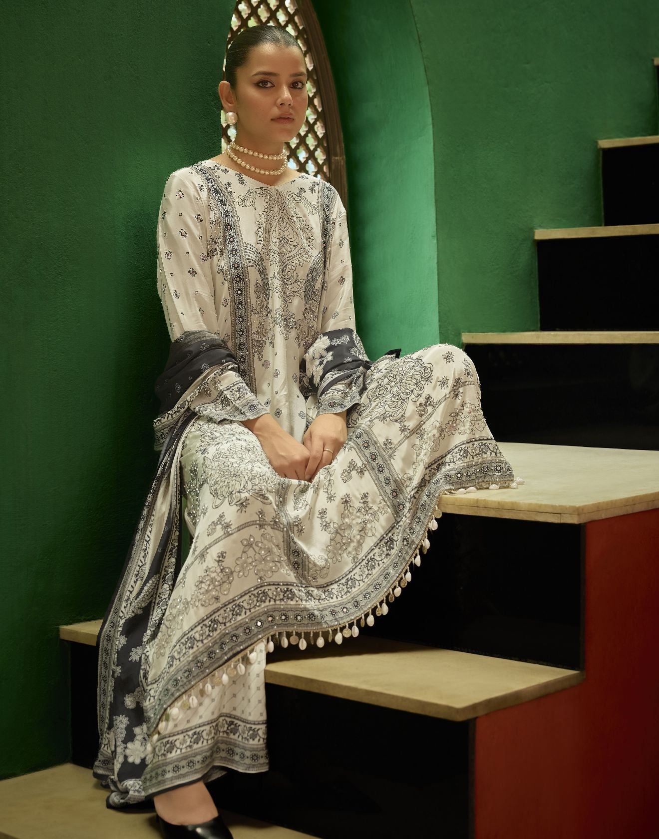 Moon Beam Ethnic Printed Festive Pure Crepe Kurta Palazzo Set