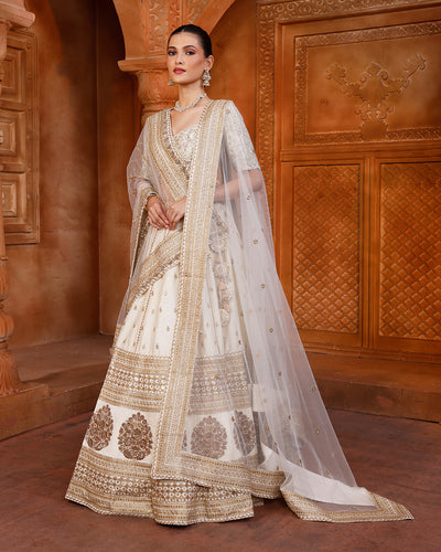 Moonstone Shine Bridal Lehenga Set With Unstitched Blouse Fabric And Two Dupattas