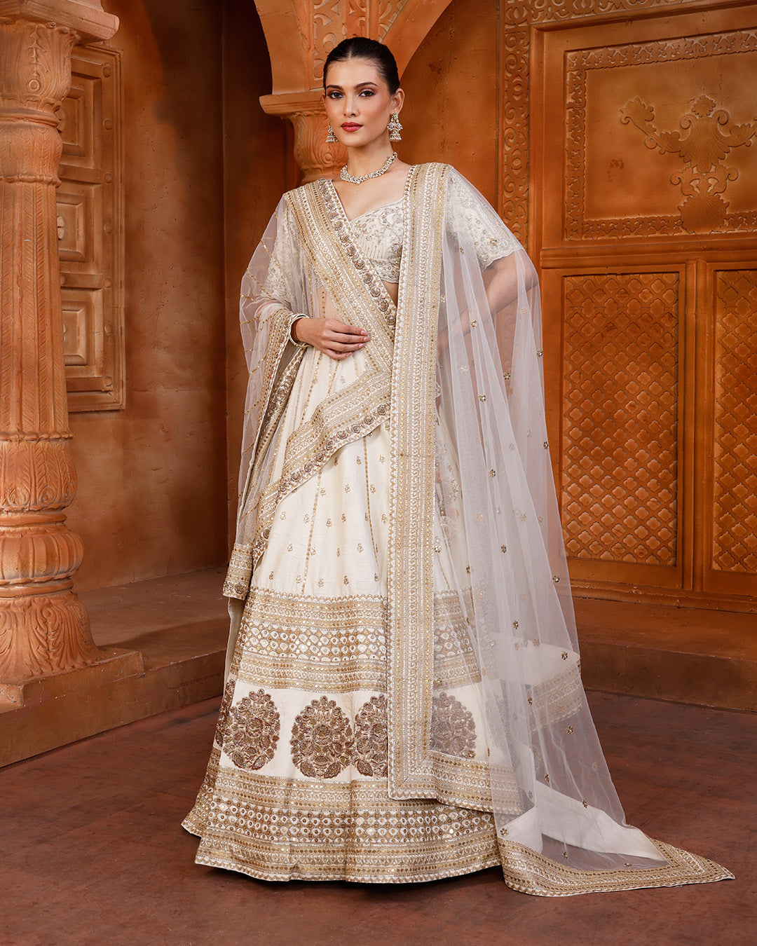 Moonstone Shine Bridal Lehenga Set With Unstitched Blouse Fabric And Two Dupattas