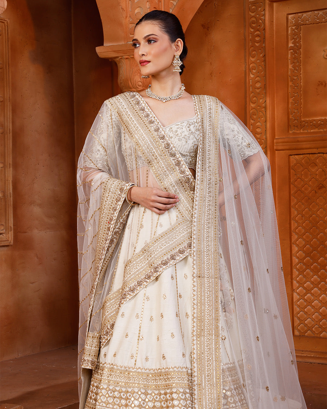 Moonstone Shine Bridal Lehenga Set With Unstitched Blouse Fabric And Two Dupattas