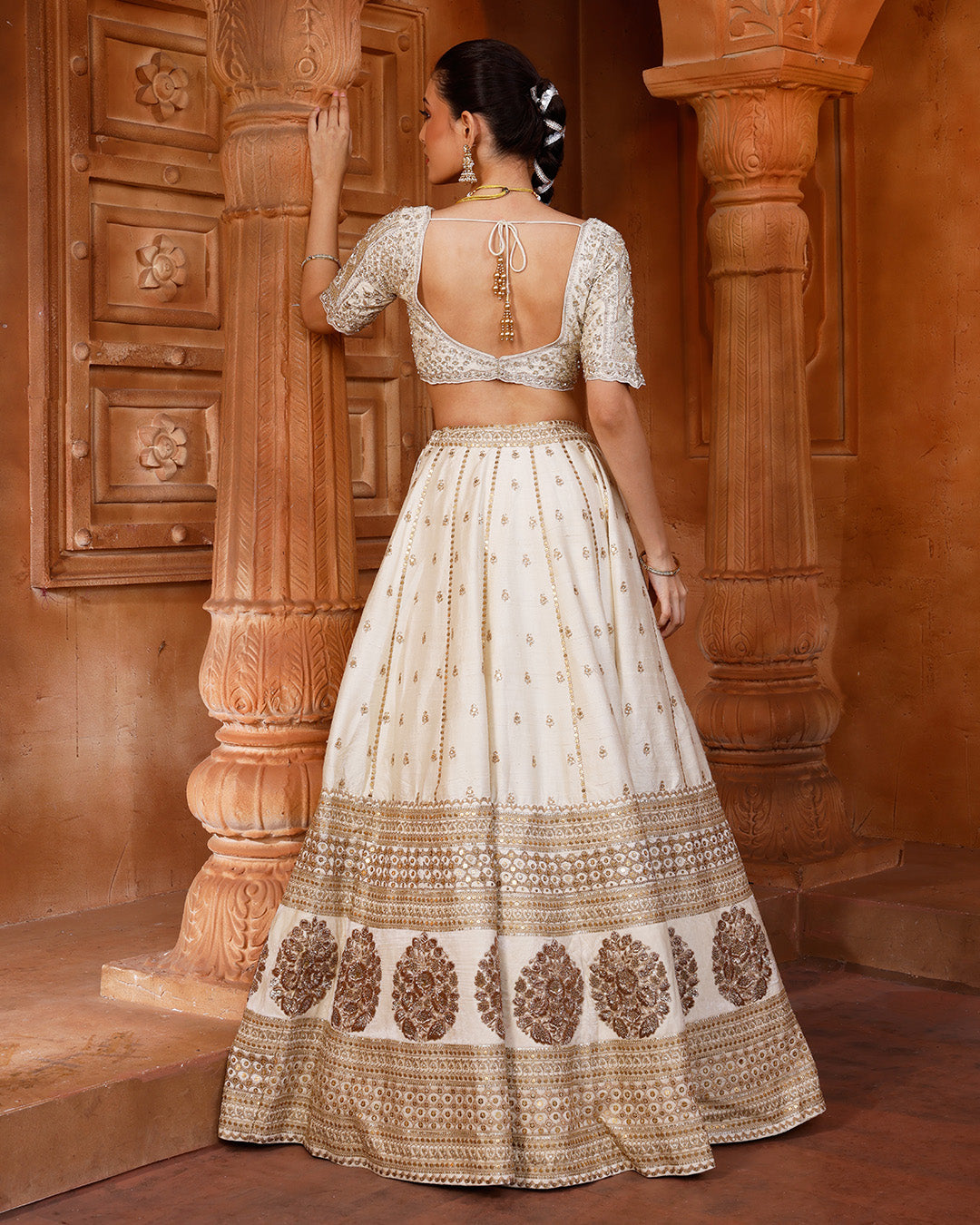 Moonstone Shine Bridal Lehenga Set With Unstitched Blouse Fabric And Two Dupattas