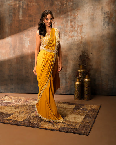 Mustard Magic Pre-Draped Festive Saree
