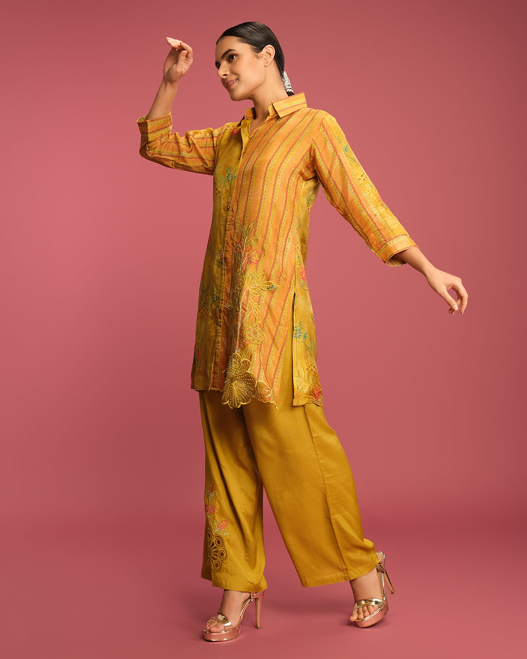 Mustard Yellow Printed With Cutwork Highlight Co-Ord Set