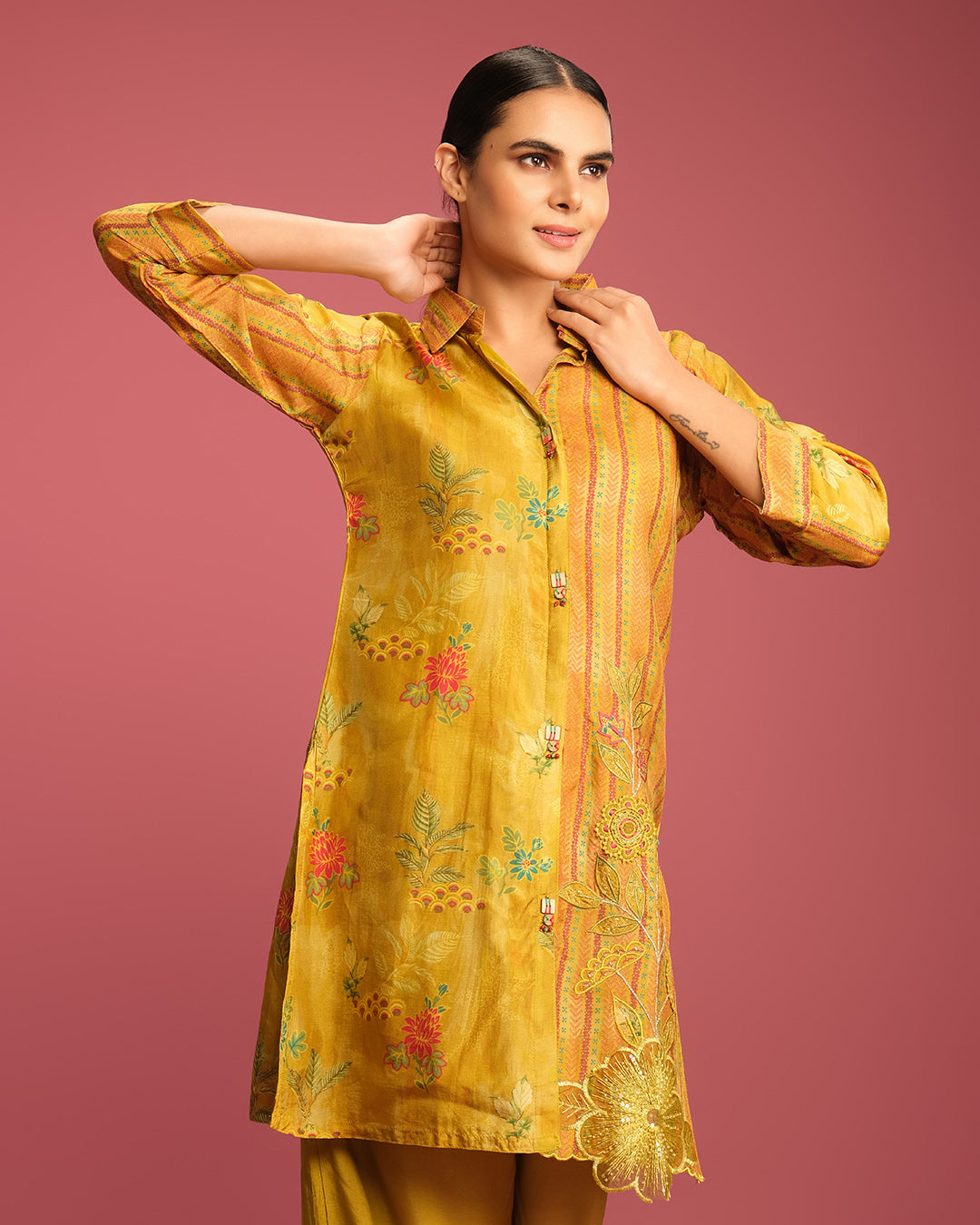 Mustard Yellow Printed With Cutwork Highlight Co-Ord Set