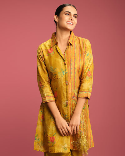 Mustard Yellow Printed With Cutwork Highlight Co-Ord Set