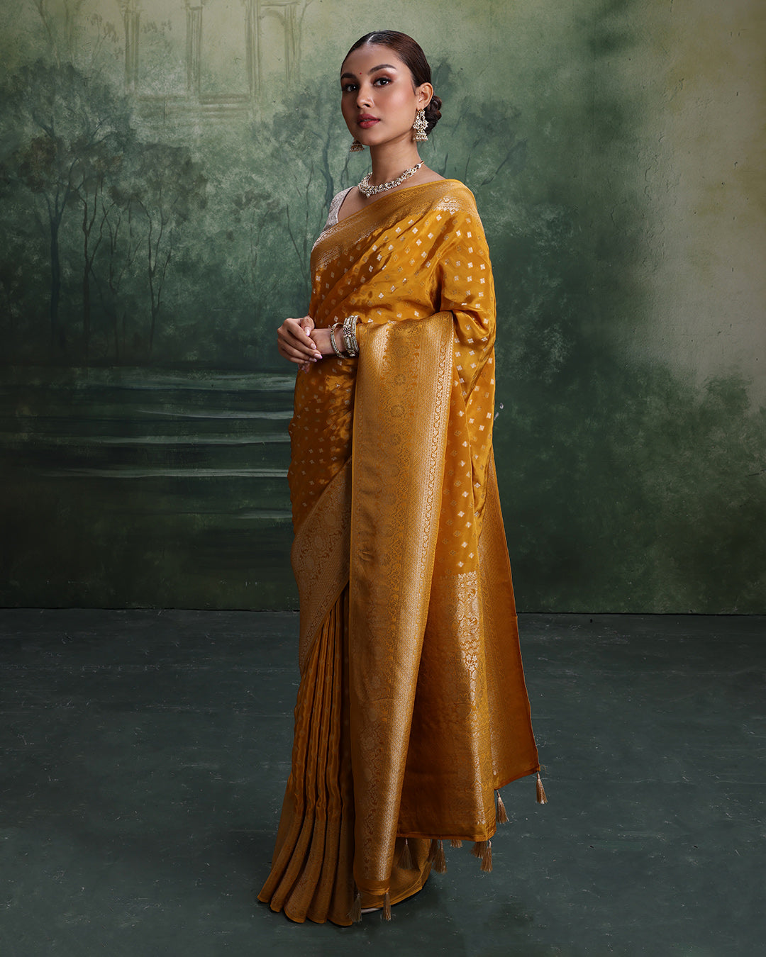 Mustard Yellow With Golden Weave Dola Silk Saree