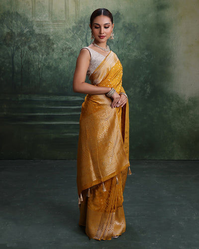 Mustard Yellow With Golden Weave Dola Silk Saree