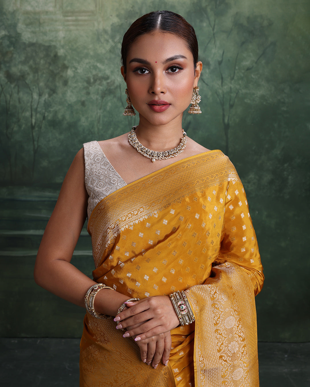 Mustard Yellow With Golden Weave Dola Silk Saree