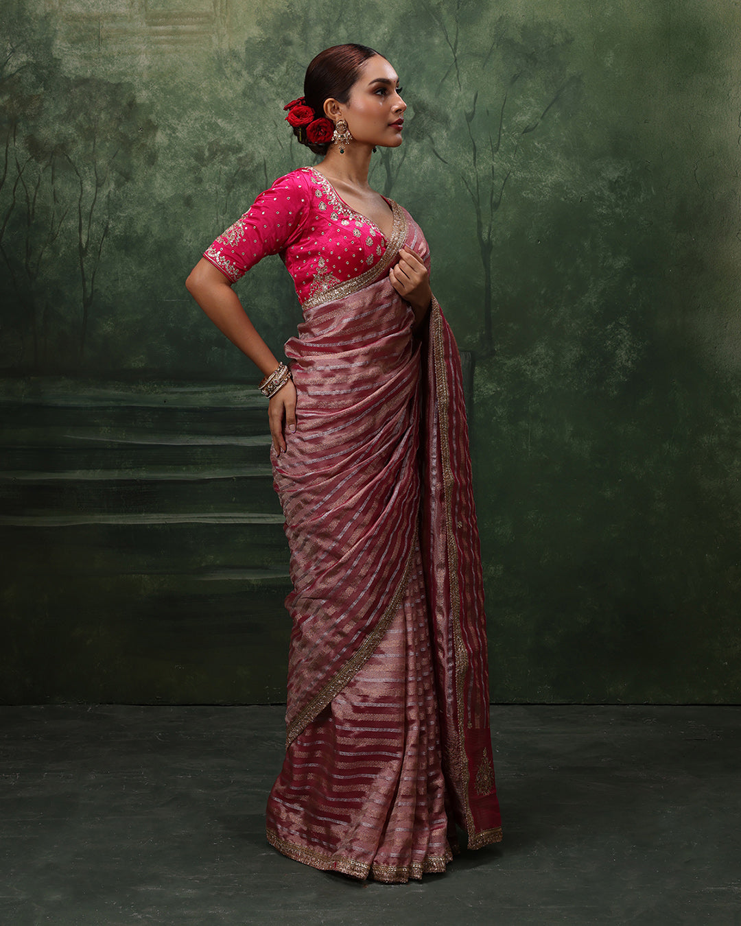 Mystic Merlot Shimmer Organza Saree With Stitched Blouse