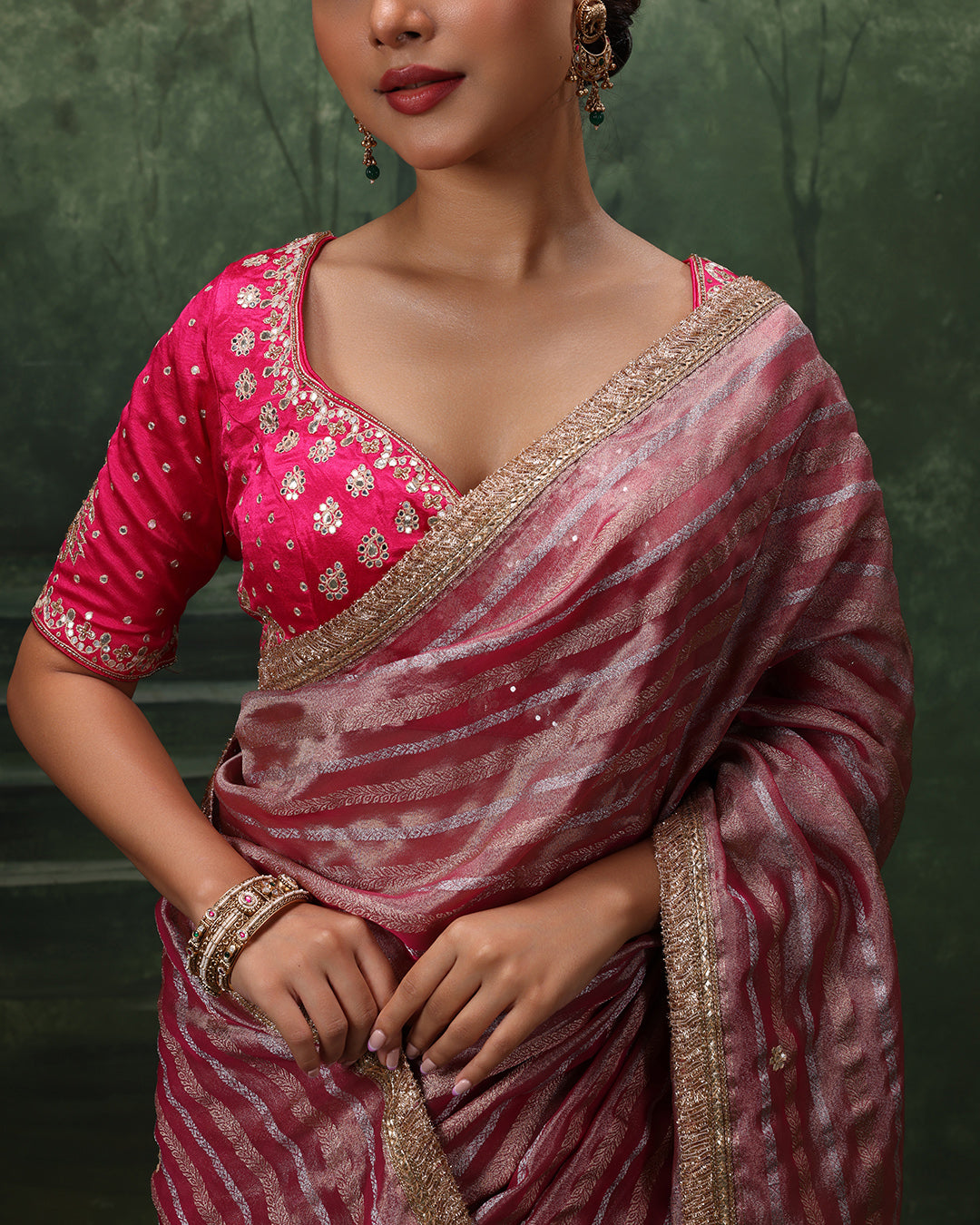 Mystic Merlot Shimmer Organza Saree With Stitched Blouse