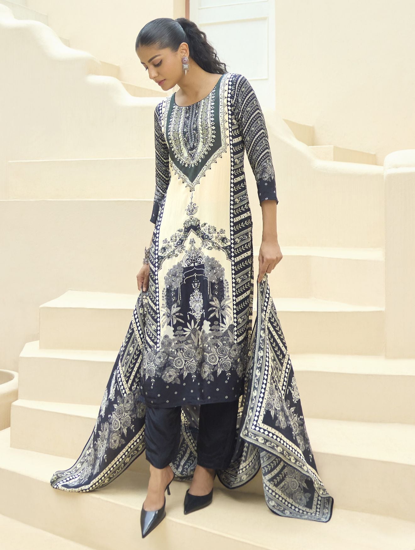 Navy Blue And Off-White Printed Crepe Kurta Set