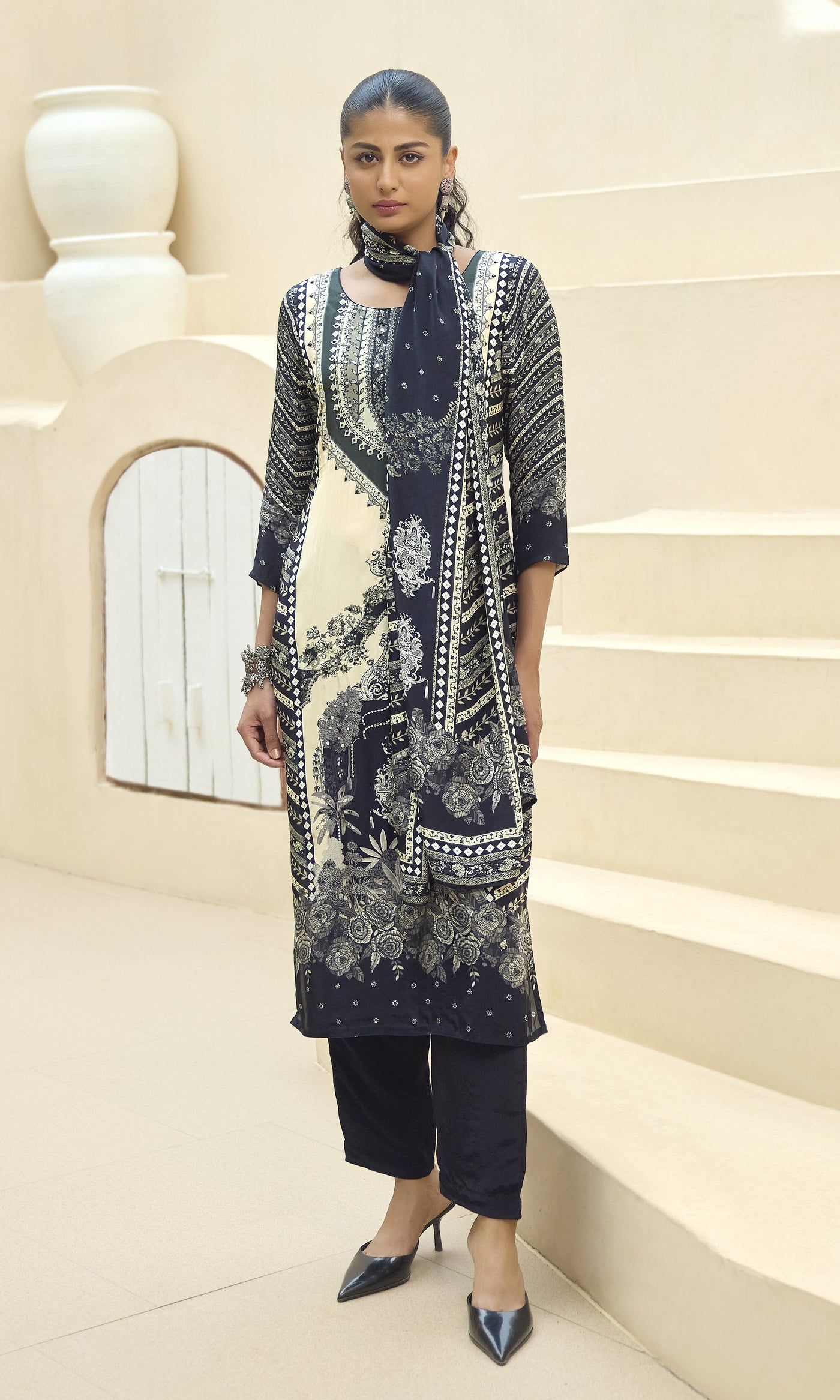 Navy Blue And Off-White Printed Crepe Kurta Set