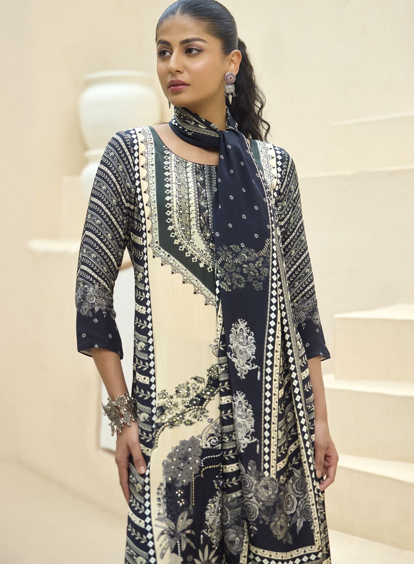Navy Blue And Off-White Printed Crepe Kurta Set