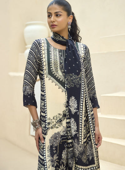 Navy Blue And Off-White Printed Crepe Kurta Set
