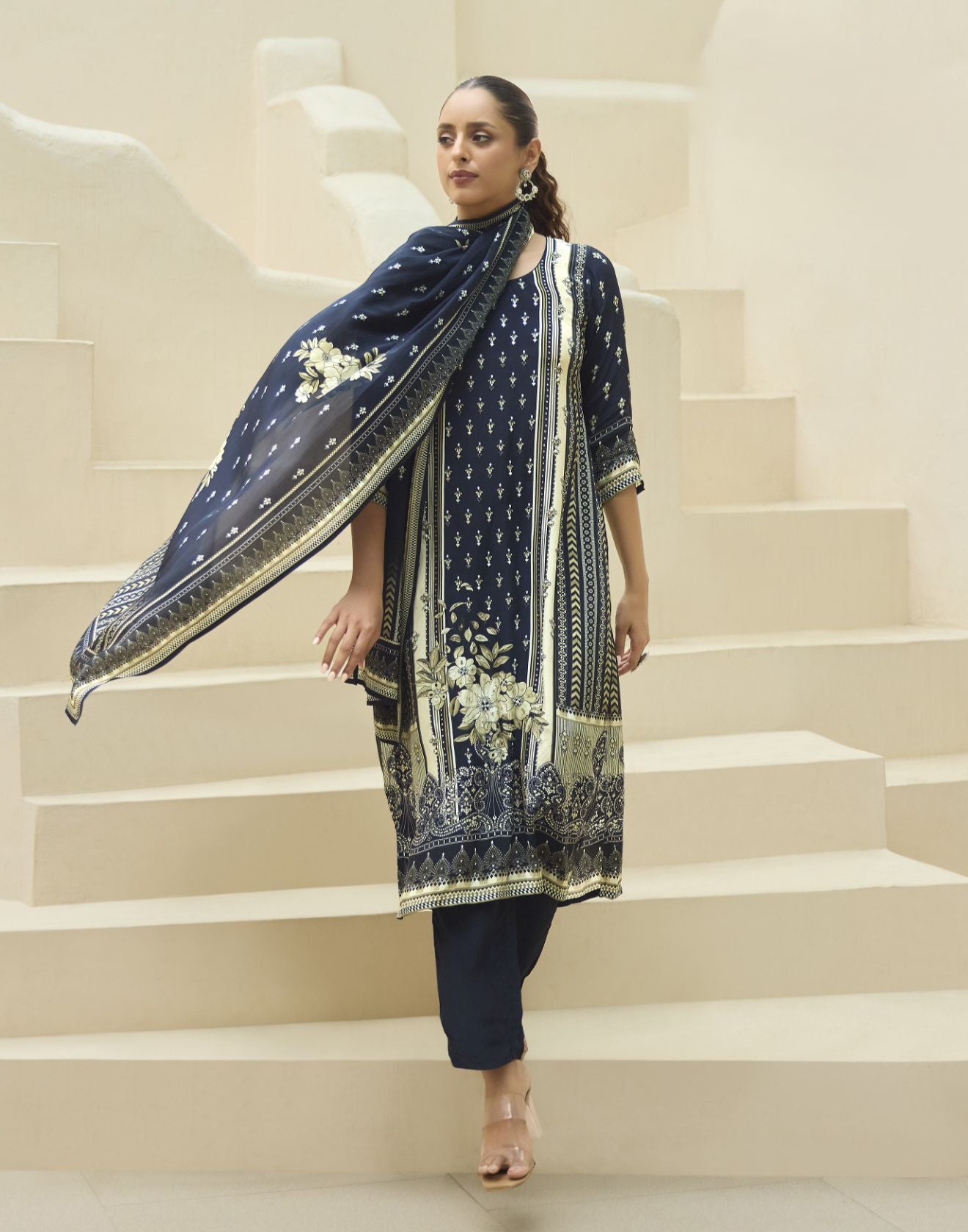 Navy Blue Paisley & Floral Printed Kurta Set