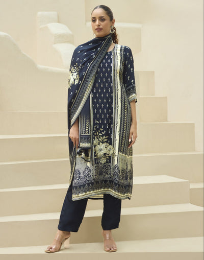 Navy Blue Paisley & Floral Printed Kurta Set