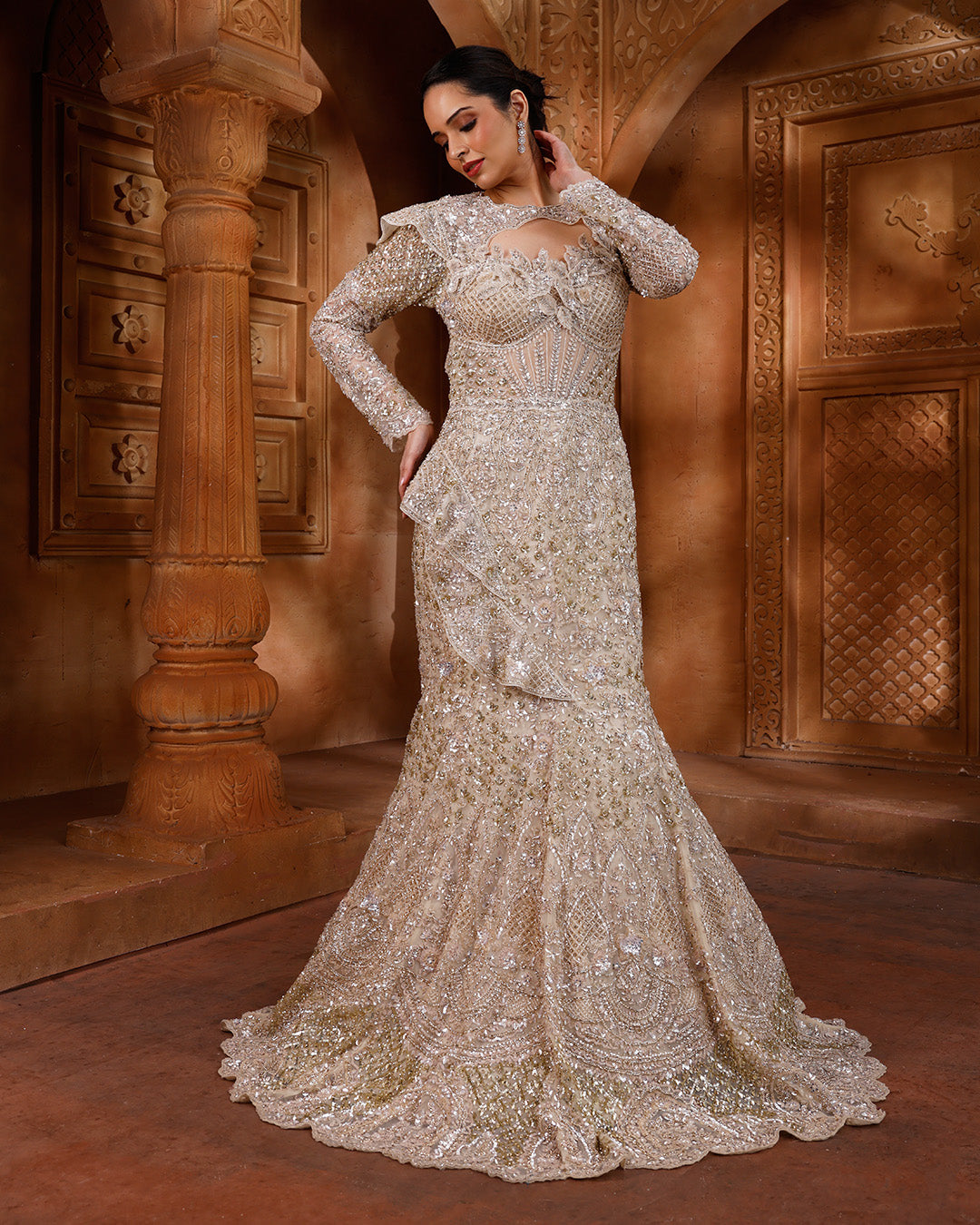 Buy Nude Macaron Embellished Fish-Cut Gown online Roopkala Global Buy Nude Macaron Embellished Fish-Cut Gown online Roopkala Global