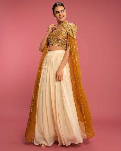 Ochre Yellow & Pearl White Fusion Cape Jacket Set