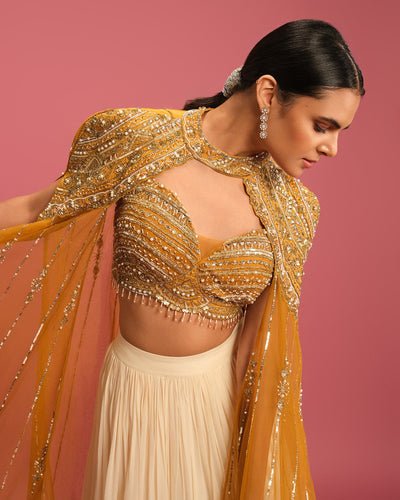 Ochre Yellow & Pearl White Fusion Cape Jacket Set