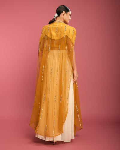 Ochre Yellow & Pearl White Fusion Cape Jacket Set