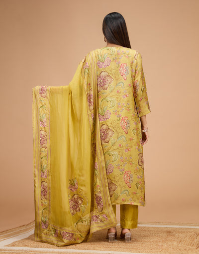 Olive Green Floral Printed Blended Silk Unstitched Suit Set