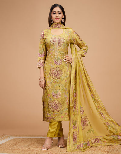 Olive Green Floral Printed Blended Silk Unstitched Suit Set