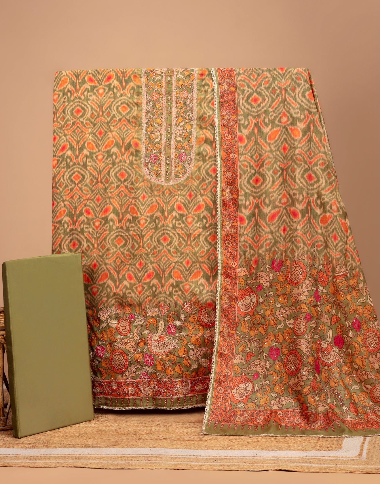 Olive Green Ikkat And Kalamkari Printed Silk Unstitched Suit Set