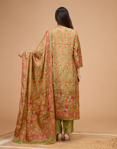 Olive Green Ikkat And Kalamkari Printed Silk Unstitched Suit Set
