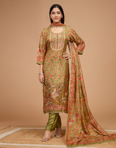 Olive Green Ikkat And Kalamkari Printed Silk Unstitched Suit Set