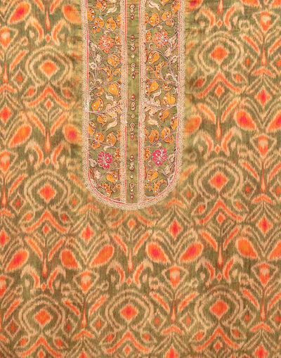 Olive Green Ikkat And Kalamkari Printed Silk Unstitched Suit Set